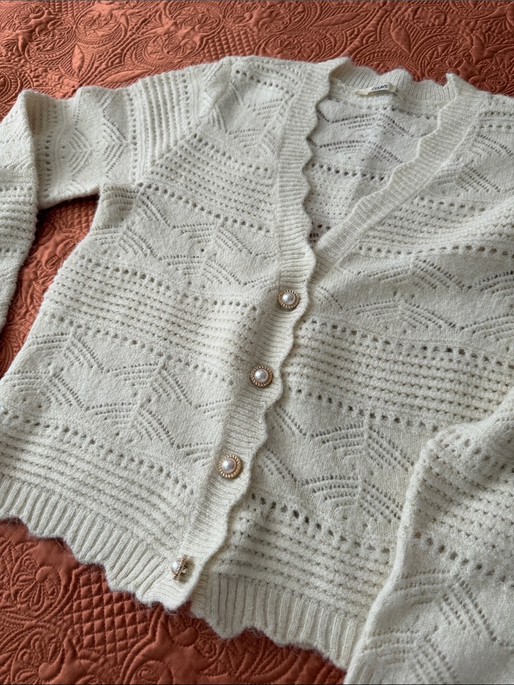 Open-Knit Cropped Cardigan Sweater in Cream